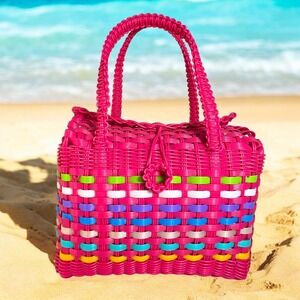Pink Bright Woven Plastic‎ Wicker Handbag Purse Double Handle Vtg Colorful